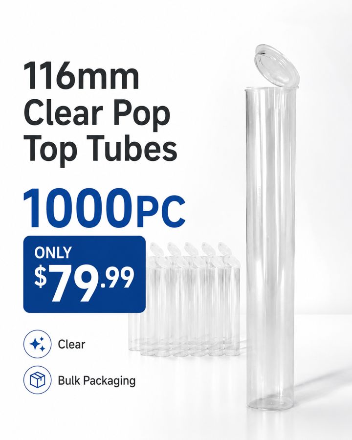 116mm clear pop top tubes, 1000 piece bulk pack