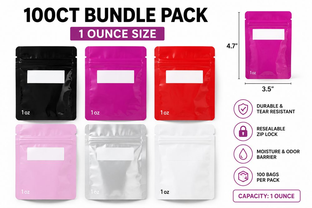 1oz Mylar Bags for Food Storage — 100ct, Six Colors
