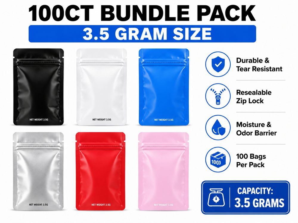 3.5g Mylar Bags for Food Storage — 100ct, Six Colors