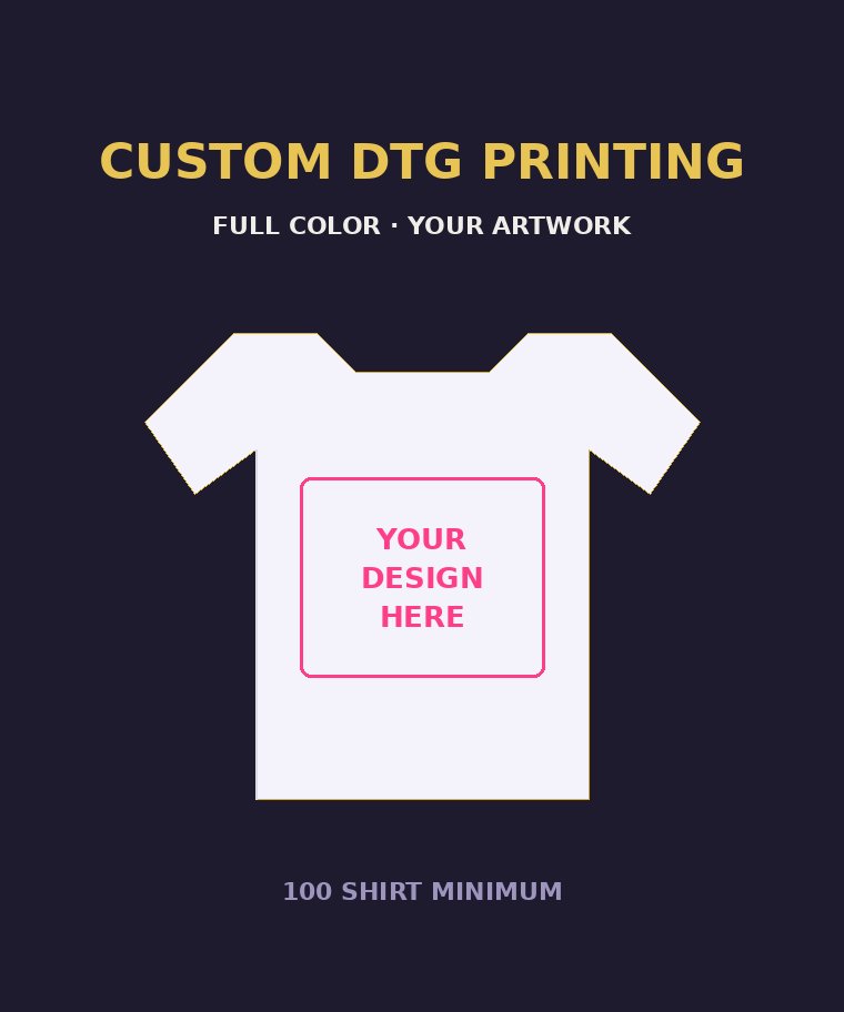 Custom DTG t-shirt printing, 100 shirt minimum