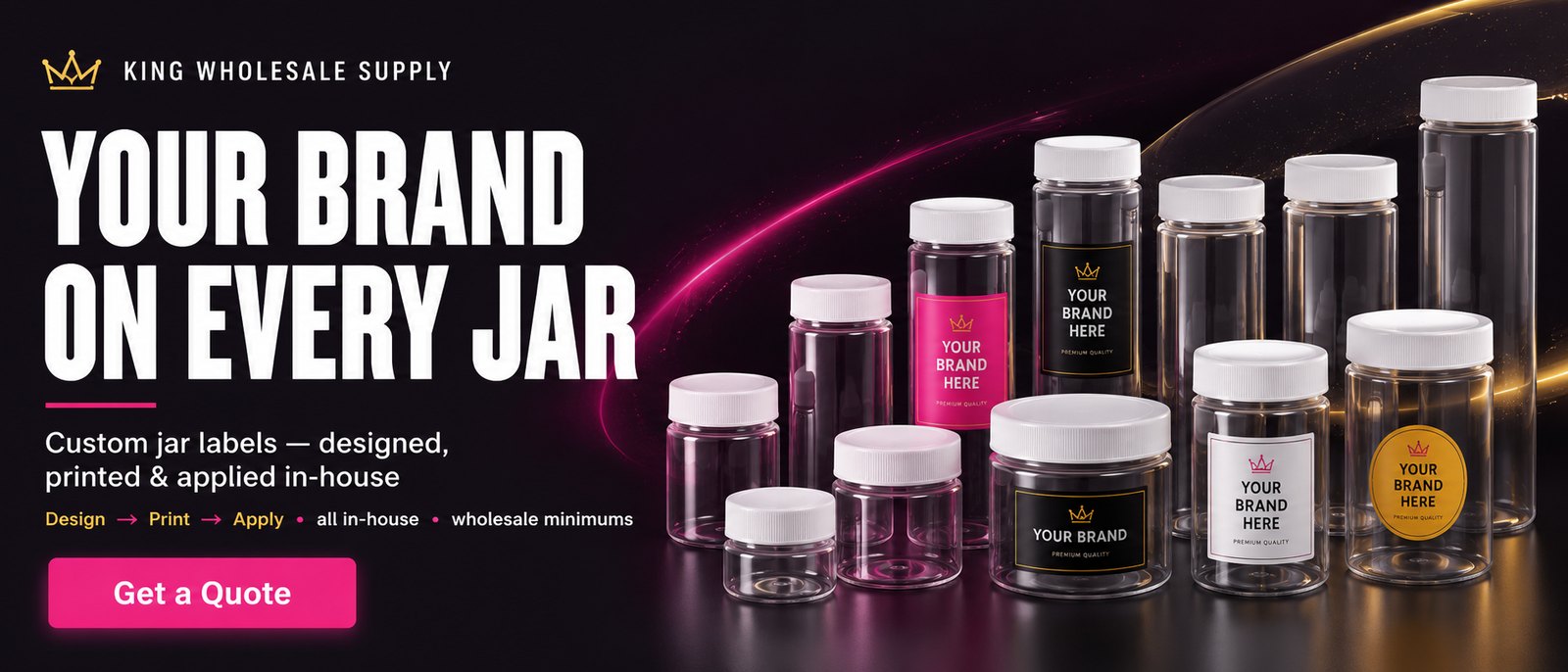 Custom full-color printed mylar bags and jar labels designed, printed and applied in-house