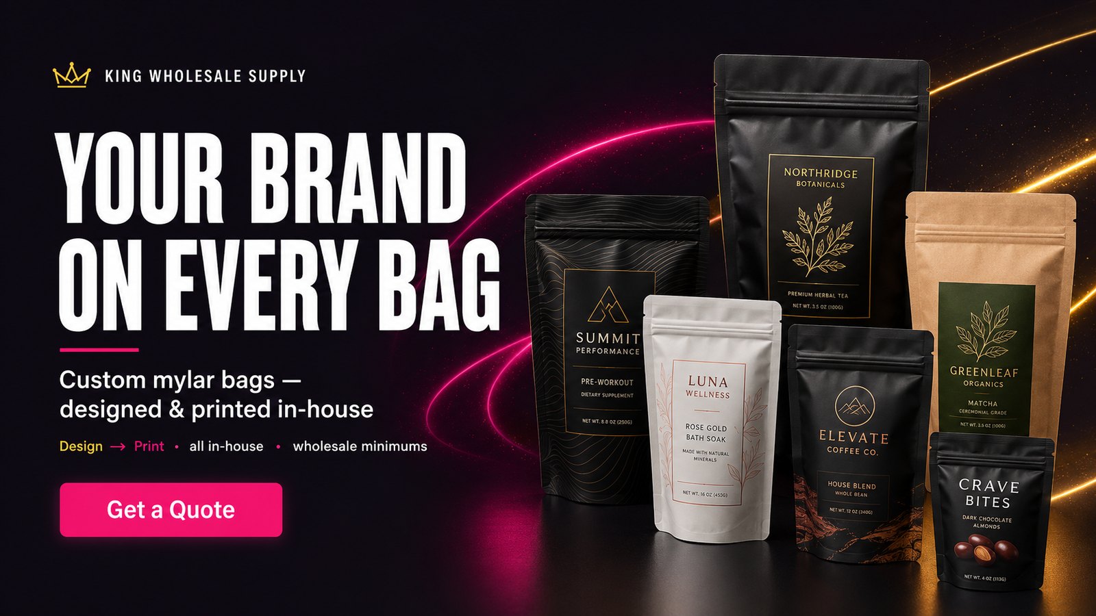 Your brand on every bag — custom mylar bags designed and printed in-house