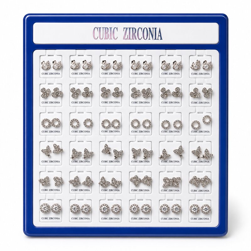 Cubic zirconia pave shape stud earrings 36 pair display wholesale