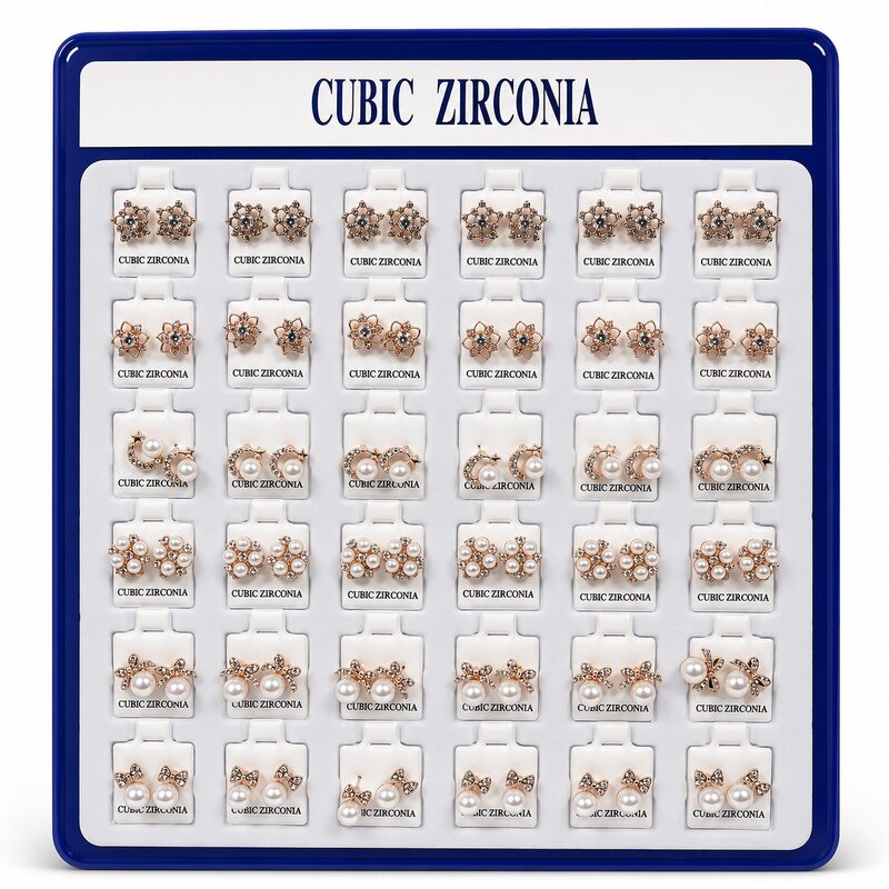 Cubic zirconia pearl and floral stud earrings 36 pair display wholesale