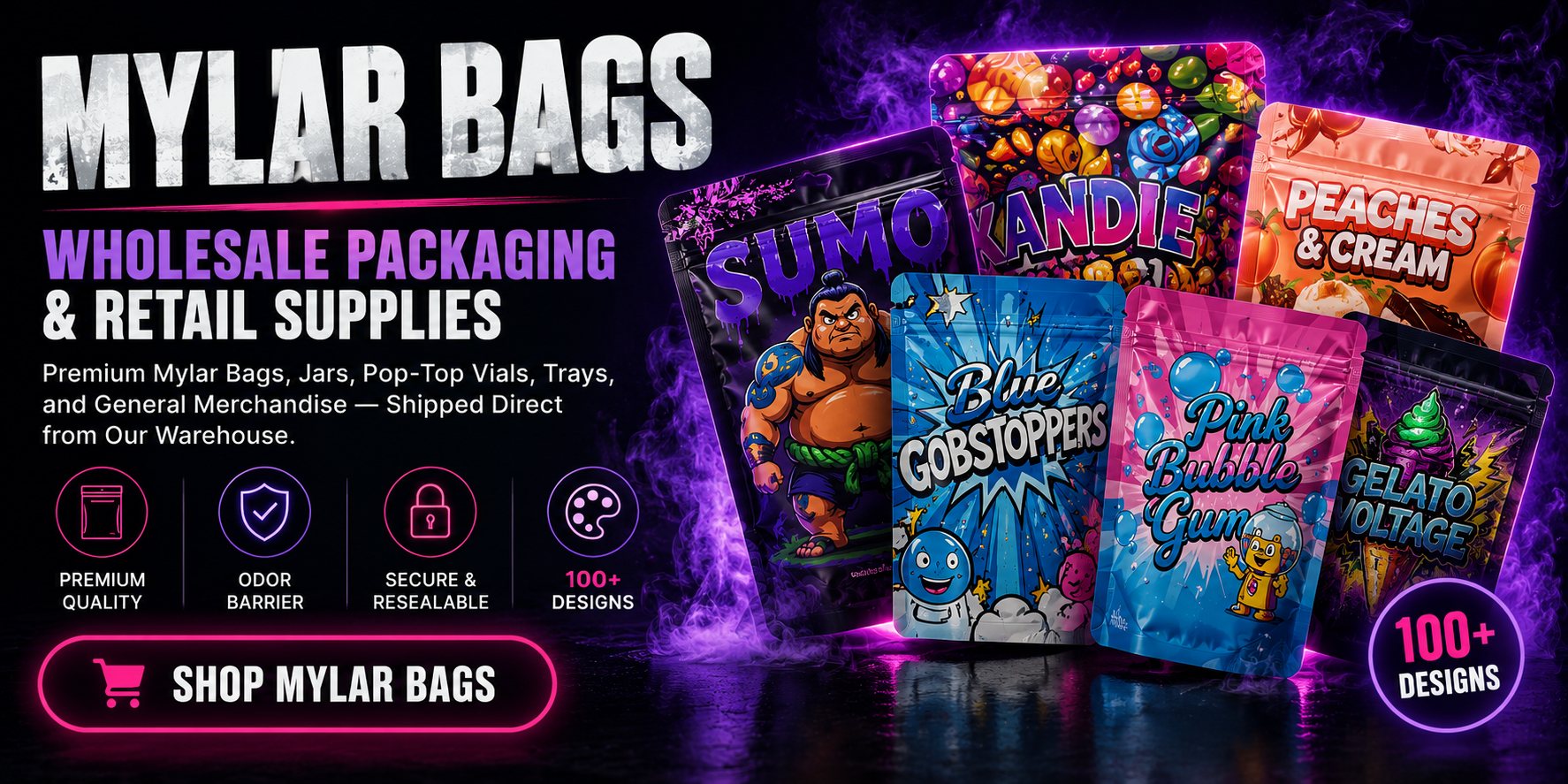 Wholesale mylar bags and retail packaging supplies — printed 3.5g stand-up pouches with odor barrier, resealable, sold empty